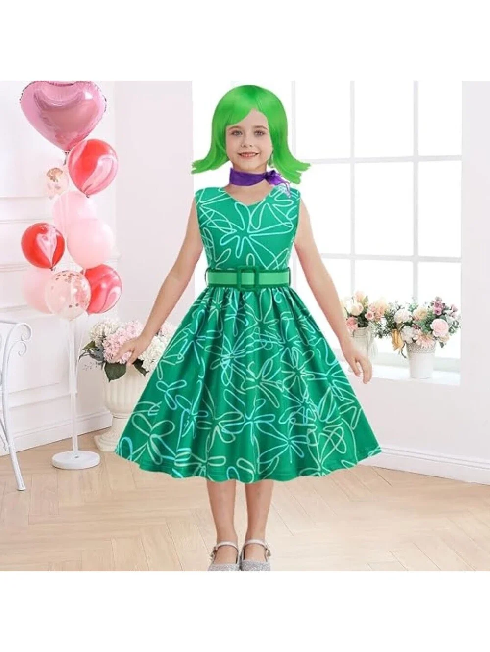 NWT Luzlen Girls Green Fancy Dress with Wig Costume or Theme Party, 120 (4-5 yr)